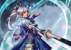 Rule 34 | 1girl, absurdres, ayaka (genshin impact), black gloves, blue eyes, blue jacket, blue skirt, breasts, chinh dwc, eyeshadow, genshin impact, gloves, grey hair, hair behind ear, hair tubes, highres, holding, holding sword, holding weapon, jacket, looking at viewer, makeup, medium breasts, parted lips, partially fingerless gloves, petals, ponytail, red eyeshadow, sidelocks, skirt, solo, sword, twitter username, weapon