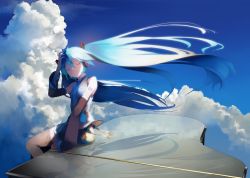 Rule 34 | 1girl, arm support, black thighhighs, blue hair, blue necktie, blue sky, closed eyes, closed mouth, cloud, collared shirt, commentary, detached sleeves, facing viewer, from behind, grand piano, grey shirt, hair between eyes, hand up, hatsune miku, headphones, highres, instrument, long hair, necktie, piano, shirt, sitting, sitting on piano, sky, sleeveless, sleeveless shirt, solo, takepon1123, tattoo, thighhighs, twintails, very long hair, vocaloid
