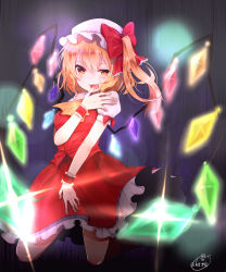 Rule 34 | 1girl, ascot, blonde hair, bonnet, bow, chita (ketchup), covering own mouth, crystal, flandre scarlet, frilled bow, frilled shirt collar, frilled skirt, frills, full body, hair between eyes, hand over own mouth, hat, hat bow, hat ribbon, highres, kneeling, looking at viewer, mob cap, open mouth, puffy short sleeves, puffy sleeves, red bow, red ribbon, red skirt, red vest, ribbon, short sleeves, side ponytail, signature, skirt, smile, solo, sparkle, touhou, uneven eyes, vest, white hat, wings, wrist cuffs, yellow eyes