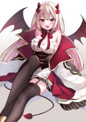 Rule 34 | 1girl, absurdres, bare shoulders, black horns, black thighhighs, blonde hair, blush, bow, breasts, cleavage, commentary, corset, demon girl, demon horns, demon tail, demon wings, dress, fang, garter straps, hair bow, highres, horns, iriam, jacket, large breasts, long hair, looking at viewer, multicolored hair, nose blush, open clothes, open jacket, open mouth, pink eyes, pink hair, red bow, sitting, skin fang, smile, solo, strapless, strapless dress, tail, thighhighs, very long hair, virtual youtuber, wings, yoshioka pochi, zettai ryouiki