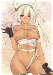 Rule 34 | 10s, 1girl, bandages, black gloves, black thighhighs, blonde hair, breasts squeezed together, breasts, budget sarashi, cowboy shot, dark-skinned female, dark skin, fingerless gloves, glasses, gloves, kantai collection, large breasts, long hair, looking at viewer, midriff sarashi, musashi (kancolle), naked bandage, nipples, obiwan, pointy hair, red eyes, sarashi, solo, thighhighs, twintails, very long hair