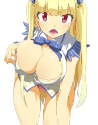 Rule 34 | 1girl, bebebe (pepegakii), blonde hair, bow, breasts, cleavage, cleavage cutout, clothing cutout, earrings, female focus, jewelry, large breasts, leaning forward, long hair, open mouth, panties, pink panties, red eyes, simple background, solo, teeth, tokyo 7th sisters, tongue, twintails, two side up, uesugi u. kyouko, underwear, white background