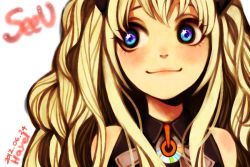 Rule 34 | 1girl, :3, artist name, bad id, bad pixiv id, blonde hair, blue eyes, character name, dated, face, hayel, looking away, seeu, smile, solo, star (symbol), vocaloid, white background