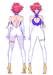Rule 34 | 1girl, alternate costume, ass, breasts, character sheet, cleavage, cleavage cutout, clothing cutout, cutie honey, cutie honey (character), earrings, elbow gloves, gloves, heart, heart cutout, high heels, jewelry, kotobuki tsukasa, large breasts, looking at viewer, red eyes, red hair, redesign, single earring, sketch, smile, solo, white gloves