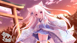 Rule 34 | 1girl, :d, absurdres, animal ears, blue bow, blue kimono, blue skirt, bow, cloud, commentary request, crescent, floral print, fox ears, fox girl, fox tail, hair between eyes, hair bow, hand up, head tilt, highres, japanese clothes, kimono, komiya shirone, leaf, long hair, looking at viewer, obi, open mouth, original, outdoors, outstretched arm, pleated skirt, print kimono, purple eyes, sash, signature, silver hair, skirt, sky, smile, solo, star (sky), starry sky, tail, thighhighs, torii, two side up, very long hair, white thighhighs