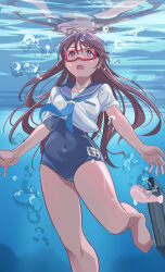 Rule 34 | absurdres, air bubble, barefoot, breasts, briefcase, brown hair, bubble, collarbone, commission, covered navel, highres, long hair, medium breasts, neckerchief, nikulas cage, one-piece swimsuit, open mouth, original, pink eyes, pixiv commission, reflection, sailor collar, sailor shirt, school briefcase, school swimsuit, school uniform, serafuku, serasuku, shirt, short sleeves, swim goggles, swimsuit, underwater, uniform