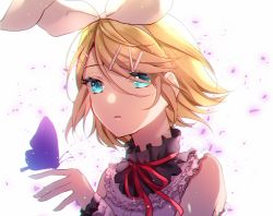 Rule 34 | 1girl, 25-ji rin, aryuma772, blue eyes, bow, bow hairband, bug, butterfly, butterfly on hand, detached sleeves, hair between eyes, hair bow, hair ornament, hairband, hairclip, highres, insect, kagamine rin, neck ribbon, open mouth, portrait, red ribbon, ribbon, solo, swept bangs, vocaloid, white background, white bow, white hairband