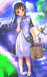 Rule 34 | 1girl, aiuabo, animal, bag, black eyes, black hair, blurry, bug, cat, commentary, day, depth of field, handbag, highres, holding, long hair, maid, original, outdoors, personification, sandals, silk, spider, spider web, sweat