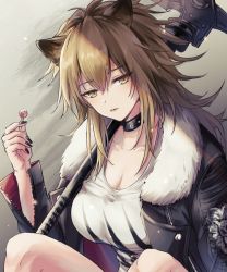 Rule 34 | 1girl, animal ears, arknights, bad id, bad pixiv id, black choker, black jacket, breasts, brown eyes, brown hair, candy, choker, cleavage, commentary, food, fur-trimmed jacket, fur trim, grey background, hair between eyes, hammer, hand up, highres, holding, holding food, jacket, kogarashi kon, large breasts, lion ears, lollipop, long hair, long sleeves, looking at viewer, open clothes, open jacket, over shoulder, shirt, siege (arknights), solo, upper body, weapon, weapon over shoulder, white shirt