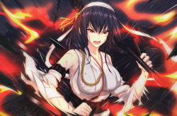 Rule 34 | &gt;:o, 1girl, antiqq, black hair, blood, blood on face, collarbone, commentary request, detached sleeves, hachimaki, headband, injury, kantai collection, long hair, looking at viewer, machinery, nontraditional miko, red eyes, scratches, solo, torn clothes, turret, v-shaped eyebrows, yamashiro (kancolle), yamashiro kai ni (kancolle)