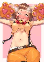 Rule 34 | 1girl, animal hands, bell, blush, breasts, brown eyes, brown hair, commentary request, gloves, gojarun, hair ornament, highres, idolmaster, idolmaster cinderella girls, jingle bell, looking at viewer, medium breasts, midriff, namba emi, navel, paw gloves, pink background, short hair, simple background, solo, twitter username, two-tone background, white background, x hair ornament
