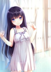 Rule 34 | 1girl, bad id, bad pixiv id, bare arms, bare shoulders, black hair, blue bow, blue eyes, blue ribbon, blurry, blush, bow, closed mouth, collarbone, cowboy shot, curtain grab, curtains, day, depth of field, dress, eyebrows, frilled panties, frills, hands up, indoors, itou nanami, lace, lace-trimmed panties, lace trim, long hair, looking at viewer, nightgown, original, panties, ribbon, see-through, sleeveless, smile, solo, sunlight, transparent, underwear, white dress, window