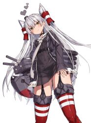 Rule 34 | 1girl, amatsukaze (kancolle), belt, black belt, blush, brown dress, brown eyes, closed mouth, commentary request, dress, grey hair, hair tubes, heart, highres, kantai collection, looking at viewer, red thighhighs, rensouhou-kun, sailor dress, simple background, smile, smoke heart, smokestack, smokestack hair ornament, solo, standing, striped clothes, striped thighhighs, takanashi kei (hitsujikan), thighhighs, thighs, white background