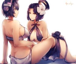 Rule 34 | 10s, 2girls, all fours, arm support, back, bare back, bare legs, bare shoulders, bikini, breasts, brown eyes, butt crack, cleavage, eye contact, eyepatch, female focus, flower, genyaky, hair flower, hair ornament, halo, headgear, huge breasts, kantai collection, legs, looking at another, mechanical halo, midriff, multiple girls, purple hair, sarong, short hair, sideboob, simple background, sitting, smile, swimsuit, tatsuta (kancolle), tenryuu (kancolle), white background, yellow eyes, yuri