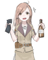 Rule 34 | 1girl, belt, belt pouch, bottle, brown eyes, cowboy shot, dog tags, galil (girls&#039; frontline), girls&#039; frontline, holding, jacket, light brown hair, long hair, looking at viewer, magazine (weapon), open mouth, pouch, rampart1028, short sleeves, simple background, skirt, smile, solo, w arms, white background