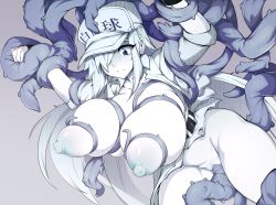 Rule 34 | 1girl, absurdres, baseball cap, breasts, cabbie hat, closed mouth, colored skin, hair over one eye, hat, hataraku saibou, hataraku saibou black, highres, huge breasts, long hair, nipples, pussy, pussy juice, restrained, slugbox, solo, tentacle sex, tentacles, translation request, u-1196, white blood cell (hataraku saibou), white skin, white uniform