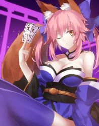 Rule 34 | 10s, 1girl, animal ears, blue thighhighs, bow, breasts, cleavage, collar, collarbone, detached sleeves, fate/extra, fate/grand order, fate (series), fox ears, fox tail, hair bow, hair ribbon, highres, japanese clothes, large breasts, looking at viewer, minamina, ofuda, one eye closed, pink hair, ribbon, solo, tail, tamamo no mae (fate/extra), thighhighs, torii, upper body, yellow eyes