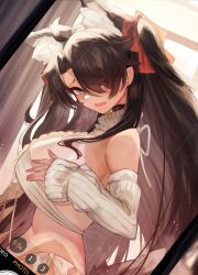 Rule 34 | 1girl, animal ear fluff, animal ears, black hair, breasts, brown sweater, cellphone photo, day, detached sleeves, fate/grand order, fate (series), fox ears, from side, fujimaru ritsuka (male), genderswap, genderswap (mtf), grey eyes, hair over one eye, hair ribbon, huge breasts, indoors, long sleeves, m0 chi, meme attire, open mouth, red ribbon, ribbon, sleeves past wrists, solo, sweater, tan, tanline, twintails, virgin destroyer sweater