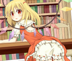 Rule 34 | 1girl, blonde hair, bloomers, blush, bookshelf, chiyono, crystal, female focus, flandre scarlet, open mouth, puffy sleeves, red eyes, short hair, short sleeves, side ponytail, solo, table, touhou, underwear, wings