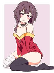 1girl bandaged_leg bandages bare_shoulders belt_collar black_thighhighs blush_stickers brown_hair collar collarbone dot_nose dress flat_chest kono_subarashii_sekai_ni_shukufuku_wo! long_sleeves looking_at_viewer megumin no_shoes noyama_takenoko off-shoulder_dress off_shoulder outline red_dress red_eyes short_hair_with_long_locks simple_background single_thighhigh sitting smile solo thighhighs v_arms wariza white_outline