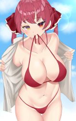 Rule 34 | 1girl, absurdres, bad id, bad pixiv id, bikini, breasts, happy, heterochromia, highres, hololive, houshou marine, mouth hold, red hair, suisen (suisenhwa), sunlight, swimsuit, swimsuit in mouth, towel, virtual youtuber