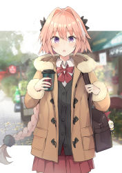 1boy absurdres astolfo_(fate) bag black_bow black_jacket blush bow braid brown_coat coat coffee commentary_request cup disposable_coffee_cup disposable_cup fang fate/apocrypha fate_(series) fur_coat fur_trim hair_intakes highres hippogriff_(fate) jacket kusumoto_touka long_braid looking_at_viewer male_focus messenger_bag multicolored_hair open_mouth pink_hair purple_eyes red_bow red_skirt shirt shoulder_bag single_braid skirt solo streaked_hair trap white_shirt