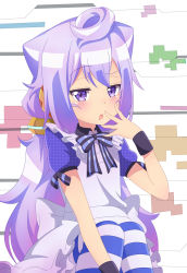 Rule 34 | 1boy, absurdres, blush, hacka doll, hacka doll 3, highres, kukie-nyan, long hair, looking at viewer, male focus, open mouth, purple eyes, purple hair, purple thighhighs, short sleeves, solo, striped clothes, striped thighhighs, thighhighs, trap, white thighhighs, yawning