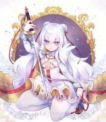 Rule 34 | + +, 1girl, arm up, azur lane, blue eyes, bow, breasts, brown bow, brown cape, brown footwear, cape, character name, closed mouth, commentary request, double bun, dress, epaulettes, full body, hair between eyes, hair bow, hair bun, highres, holding, holding sword, holding weapon, kneeling, le malin (azur lane), long hair, looking at viewer, medium breasts, multicolored cape, multicolored clothes, pantyhose, pleated dress, shichijou natori, shoes, solo, sparkle, striped, striped bow, sword, underboob, very long hair, weapon, white cape, white dress, white hair, white pantyhose