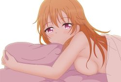 Rule 34 | 10s, 1girl, bed, bed sheet, blush, breasts, brown hair, closed mouth, highres, konoe kanata, long hair, long sleeves, looking at viewer, love live!, love live! school idol festival all stars, lying, medium breasts, miya anko, naked sheet, nude, on bed, on stomach, pillow, purple eyes, simple background, solo, under covers, upper body, white background
