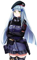Rule 34 | 1girl, beret, black hat, black thighhighs, blue hair, blue skirt, breasts, closed mouth, commentary, cowboy shot, cross hair ornament, crossed arms, girls&#039; frontline, green eyes, hair ornament, hat, highres, hk416 (girls&#039; frontline), long hair, looking at viewer, magazine (weapon), medium breasts, plaid, plaid skirt, pleated skirt, sidelocks, simple background, skirt, solo, sora (men0105), teardrop facial mark, thighhighs, white background, zettai ryouiki