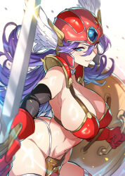 Rule 34 | 1girl, armor, bikini armor, blue eyes, breasts, cleavage, closed mouth, commentary, dragon quest, dragon quest iii, gloves, groin, hair between eyes, helmet, highres, holding, holding shield, holding sword, holding weapon, large breasts, long hair, looking at viewer, navel, purple hair, red armor, red gloves, red headwear, senri gan, shield, simple background, smile, soldier (dq3), solo, square enix, sword, weapon, white background, winged helmet