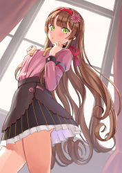 Rule 34 | 1girl, black skirt, brown hair, commentary request, cowboy shot, flower, from behind, green eyes, hair flower, hair ornament, hairband, helena (kancolle), kantai collection, long hair, long sleeves, looking at viewer, mayura (lucadia), neck ribbon, official alternate costume, pink shirt, revision, ribbon, shirt, skirt, solo, standing, striped clothes, striped skirt, window, yellow ribbon