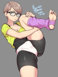 Rule 34 | 1girl, 2020, :o, agawa ryou, bike shorts, black-framed eyewear, blue eyes, breasts, brown hair, cleavage, commentary, crop top, dated, feet, grey background, layered clothes, leg lift, leg up, looking at viewer, no shoes, original, parted lips, pink legwear, short hair, short sleeves, signature, simple background, soles, solo, stirrup legwear, swept bangs, thighs, toeless legwear, toes