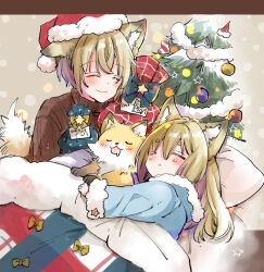 2girls ^_^ animal_ear_fluff animal_ears blanket blue_pajamas bow brown_sweater christmas christmas_tree closed_eyes drooling fox fox_ears fox_girl fox_tail fur-trimmed_shirt fur_trim gift hair_between_eyes hat highres light_blush long_hair mito_(go!go!king!) mouth_drool multiple_girls original pajamas pillow plaid_blanket santa_hat shirt short_eyebrows short_hair sleeping smile star_(symbol) sweater tail thick_eyebrows yellow_bow