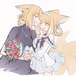 Rule 34 | 2girls, :d, ;d, ^ ^, animal ear fluff, animal ears, arknights, bare shoulders, black dress, blonde hair, blue bow, blue dress, blue hairband, blush, bouquet, bow, braid, braided hair rings, brown hair, closed eyes, commentary request, dress, fang, flower, fox ears, fox girl, fox tail, frilled sleeves, frills, grey background, hair bow, hair rings, hairband, hand up, highres, jacket, kaleka, kitsune, long sleeves, mother and daughter, multiple girls, one eye closed, open mouth, pantyhose, red flower, simple background, smile, suzuran (arknights), tail, white flower, white jacket