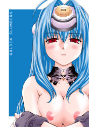 Rule 34 | 00s, 1girl, blue hair, blush, breasts, collar, cover, cover page, fingerless gloves, gloves, kos-mos, long hair, medium breasts, nakajima rei, nakajima rei (manitou), nipples, nude, parted lips, red eyes, solo, upper body, xenosaga
