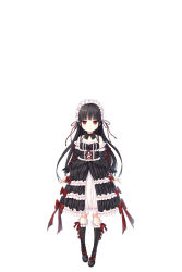 Rule 34 | 1girl, absurdres, bare shoulders, black bow, black dress, black footwear, black hair, black sleeves, blush, bow, closed mouth, collarbone, cura, detached sleeves, dress, frilled dress, frills, full body, gothic lolita, grey socks, hachiroku (maitetsu), highres, kneehighs, lolita fashion, long hair, long sleeves, maitetsu, negative space, pigeon-toed, red bow, red eyes, shoes, simple background, sleeveless, sleeveless dress, smile, socks, solo, standing, striped bow, striped clothes, striped socks, vertical-striped clothes, vertical-striped socks, very long hair, white background