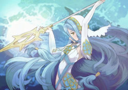 Rule 34 | 1girl, azura (fire emblem), blue hair, breasts, dancer, elbow gloves, female focus, fingerless gloves, fire emblem, fire emblem fates, gloves, hair between eyes, hairband, highres, holding, holding weapon, jewelry, long hair, low-tied long hair, necklace, nintendo, polearm, profile, runachikku, solo, upper body, veil, very long hair, water, waves, weapon, white gloves, yellow eyes