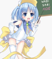 Rule 34 | 1girl, arm up, blue eyes, blue hair, blush, bow, chalkboard, detached sleeves, frilled swimsuit, frills, hand on own hip, magical girl, moetan, nijihara ink, one-piece swimsuit, open mouth, p-hone, pastel ink, ribbon, school swimsuit, short hair, single thighhigh, smile, solo, swimsuit, thigh gap, thighhighs, thighs, two side up, visor cap, white sleeves, white one-piece swimsuit, white thighhighs