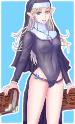 Rule 34 | 1girl, black leotard, blonde hair, blue background, book, breasts, covered navel, elf, green eyes, habit, holding, holding book, jewelry, leotard, long hair, looking at viewer, medium breasts, necklace, original, parted lips, pointy ears, shimaguni yamato, simple background, solo, standing