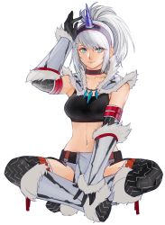 Rule 34 | 1girl, black choker, blue eyes, boots, bracer, breasts, choker, closed mouth, crop top, full body, fur trim, hairband, hand up, highres, horns, indian style, kirin (armor), long hair, looking at viewer, medium breasts, monster hunter (series), monster hunter: world, navel, pelvic curtain, ponytail, silver hair, simple background, single horn, sitting, smile, solo, tetsu (kimuchi), white background