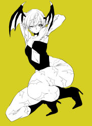 Rule 34 | 1girl, ;3, animal print, armpits, bad id, bad pixiv id, bare shoulders, bat print, boots, clothing cutout, demon girl, flat chest, head wings, high heel boots, high heels, highres, hohehohe, leotard, lilith aensland, monochrome, navel cutout, one eye closed, pantyhose, print pantyhose, puckered lips, short hair, solo, squatting, vampire (game), wings, yellow background