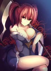 Rule 34 | 1girl, bare shoulders, breasts, cleavage, collarbone, flower, hair bobbles, hair ornament, highres, janne cherry, japanese clothes, kimono, large breasts, long sleeves, looking at viewer, no bra, obi, onozuka komachi, red eyes, red hair, sash, scythe, smile, solo, spider lily, touhou, twintails, two side up, wide sleeves