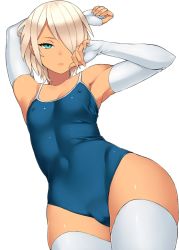 Rule 34 | 1girl, aqua eyes, armpits, arms up, blonde hair, bridal gauntlets, cameltoe, character request, competition school swimsuit, covered erect nipples, derivative work, fingerless gloves, flat chest, gloves, green eyes, hair over one eye, looking at viewer, md5 mismatch, nipples, one-piece swimsuit, original, school swimsuit, shiny clothes, short hair, simple background, skin tight, solo, swimsuit, tan, thighhighs, toned, white background, white thighhighs, zonda (solid air)