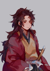 Rule 34 | 1boy, absurdres, alternate hair length, alternate hairstyle, brown hair, chinese commentary, closed mouth, coat, commentary request, earrings, grey background, haori, highres, japanese clothes, jewelry, katana, kimetsu no yaiba, kimono, long hair, male focus, mogutofuoes, red coat, red eyes, scar, scar on face, simple background, solo, sword, tsugikuni yoriichi, upper body, weapon, yellow kimono