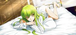 Rule 34 | 1girl, artist request, ass, barefoot, bed sheet, blurry, blurry background, blush, bottomless, c.c., closed mouth, code geass, code geass: lost stories, crossed arms, depth of field, dutch angle, feet, female focus, full body, game cg, green hair, hair between eyes, happy, highres, indoors, legs, light rays, long hair, long sleeves, looking at viewer, lying, non-web source, official art, on bed, on pillow, on stomach, pillow, shirt, sidelocks, smile, solo, sparkle, thighs, white shirt, yellow eyes