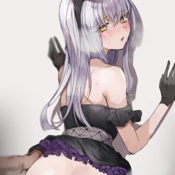 Rule 34 | 1boy, 1girl, bang dream!, bare back, bare shoulders, bent over, black gloves, blurry, blurry background, blush, butt crack, clothes lift, commission, dark-skinned male, dark skin, dress, dress lift, frilled dress, frills, from behind, funyo (masa), gloves, grey background, hairband, hand on another&#039;s hip, heavy breathing, hetero, highres, implied sex, leaning forward, light purple hair, long hair, looking at viewer, looking back, male hand, minato yukina, open mouth, pov, shadow, sidelocks, silver hair, sleeveless, sleeveless dress, solo focus, sweat, yellow eyes