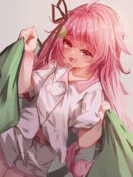 Rule 34 | 1girl, ahoge, alternate costume, blanket, rabbit hair ornament, commentary request, cowboy shot, crescent, crescent hair ornament, fang, frilled shorts, frills, hair ornament, highres, kantai collection, logiclr, long hair, pink hair, red eyes, shorts, skin fang, sleepwear, solo, under covers, uzuki (kancolle)