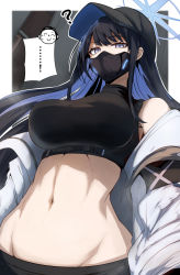 Rule 34 | 1girl, doodle sensei (blue archive), bare shoulders, baseball cap, black hair, black headwear, black shirt, blue archive, blue eyes, blue hair, breasts, coat, colored inner hair, commentary request, crop top, face mask, gin moku, groin, halo, hat, highres, large breasts, long hair, looking at viewer, lowleg, mask, midriff, mouth mask, multicolored hair, navel, off shoulder, open clothes, open coat, question mark, saori (blue archive), sensei (blue archive), shirt, speech bubble, stomach, tagme, upper body, very long hair, white coat