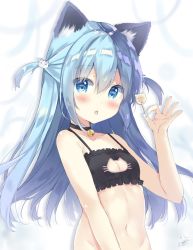 Rule 34 | 1girl, animal ear fluff, animal ears, animal hood, bare arms, bare shoulders, black bra, blue eyes, blue hair, blue nails, blush, bra, breasts, candy, cat cutout, cat ears, cat hood, cat lingerie, cleavage, cleavage cutout, clothing cutout, collarbone, commentary request, fingernails, food, frilled bra, frills, groin, hair between eyes, holding, holding candy, holding food, holding lollipop, hood, lingerie, lollipop, long hair, meme attire, nail polish, navel, original, parted lips, saeki sora, small breasts, solo, tongue, tongue out, two side up, underwear, upper body, very long hair